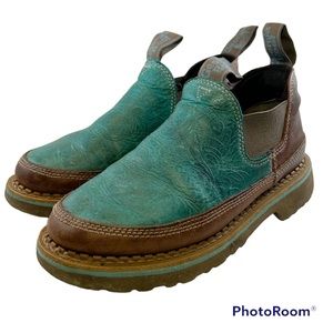 GEORGIA BOOTS - "Romeo"  Green Tooled Floral Leather Work Boot  / Shoe - Size 6